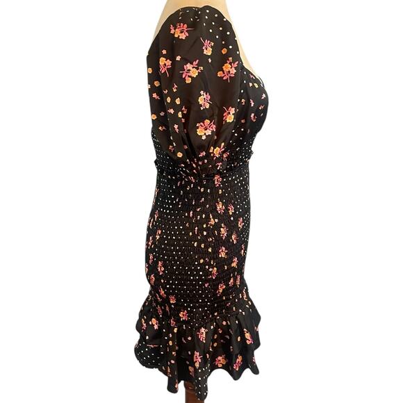 For Love & Lemons Camellia Mini Dress Black Floral Smocked Short Sleeve Medium - Picture 6 of 12